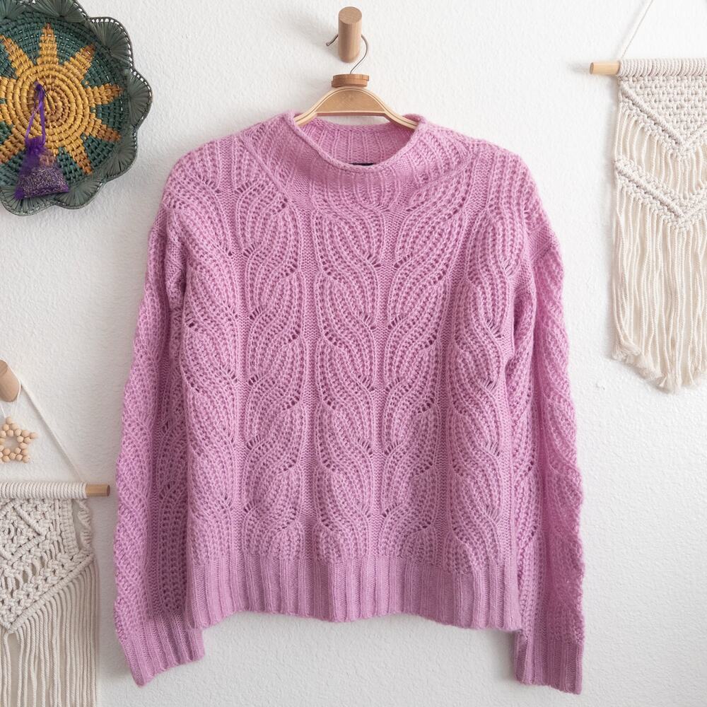 J. Crew Light Pink Purple Pointelle Cable Knit Alpaca High Neck Sweater Small